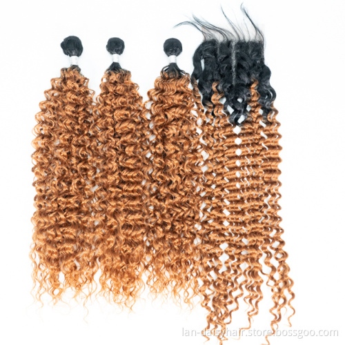 Malaysian Ombre Jerry Curly Hair 3 Bundles With Closure 1B 27 Blonde Human Hair Weave Bundle With Closure  Remy Hair